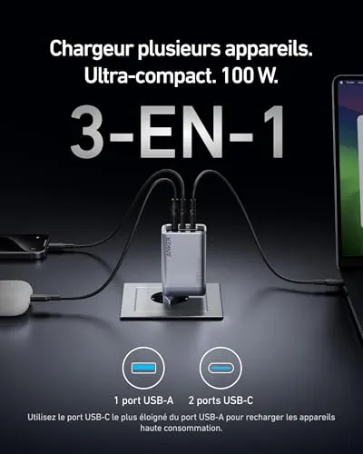 Anker Prime chargeur USB-C 100W GaN 3 ports pliable