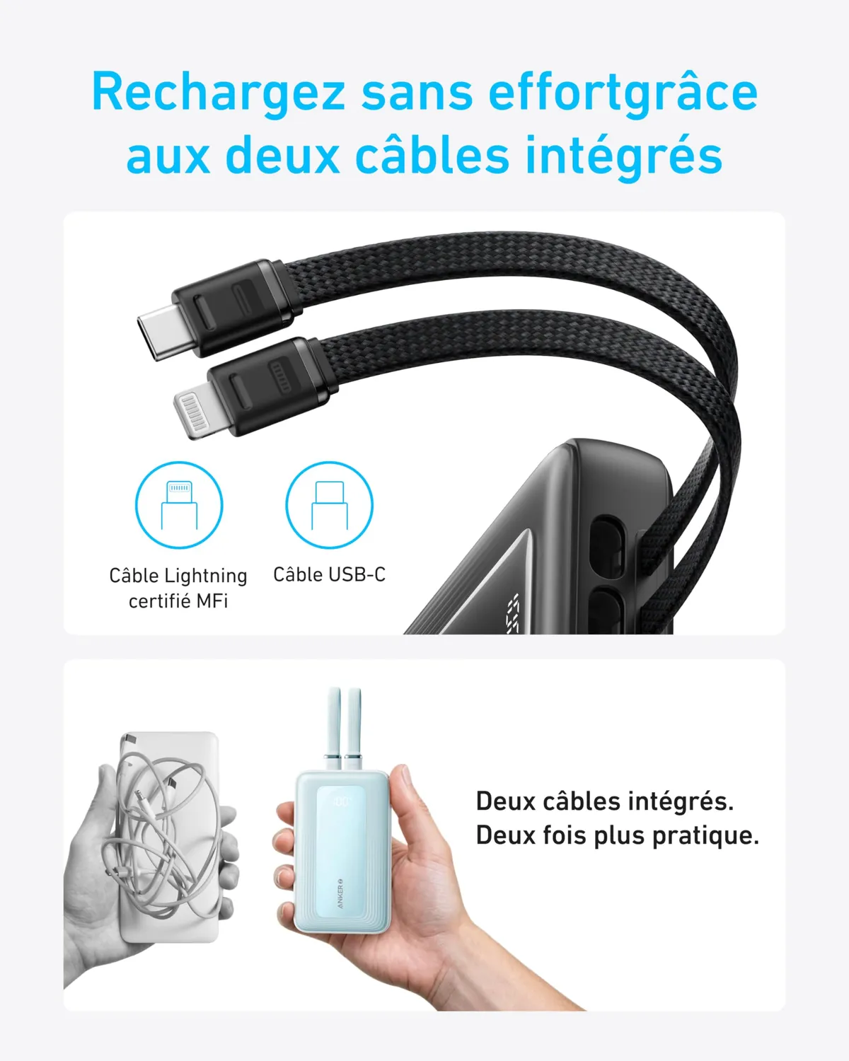 Anker Zolo batterie externe 10000mAh 30W 2 câbles
