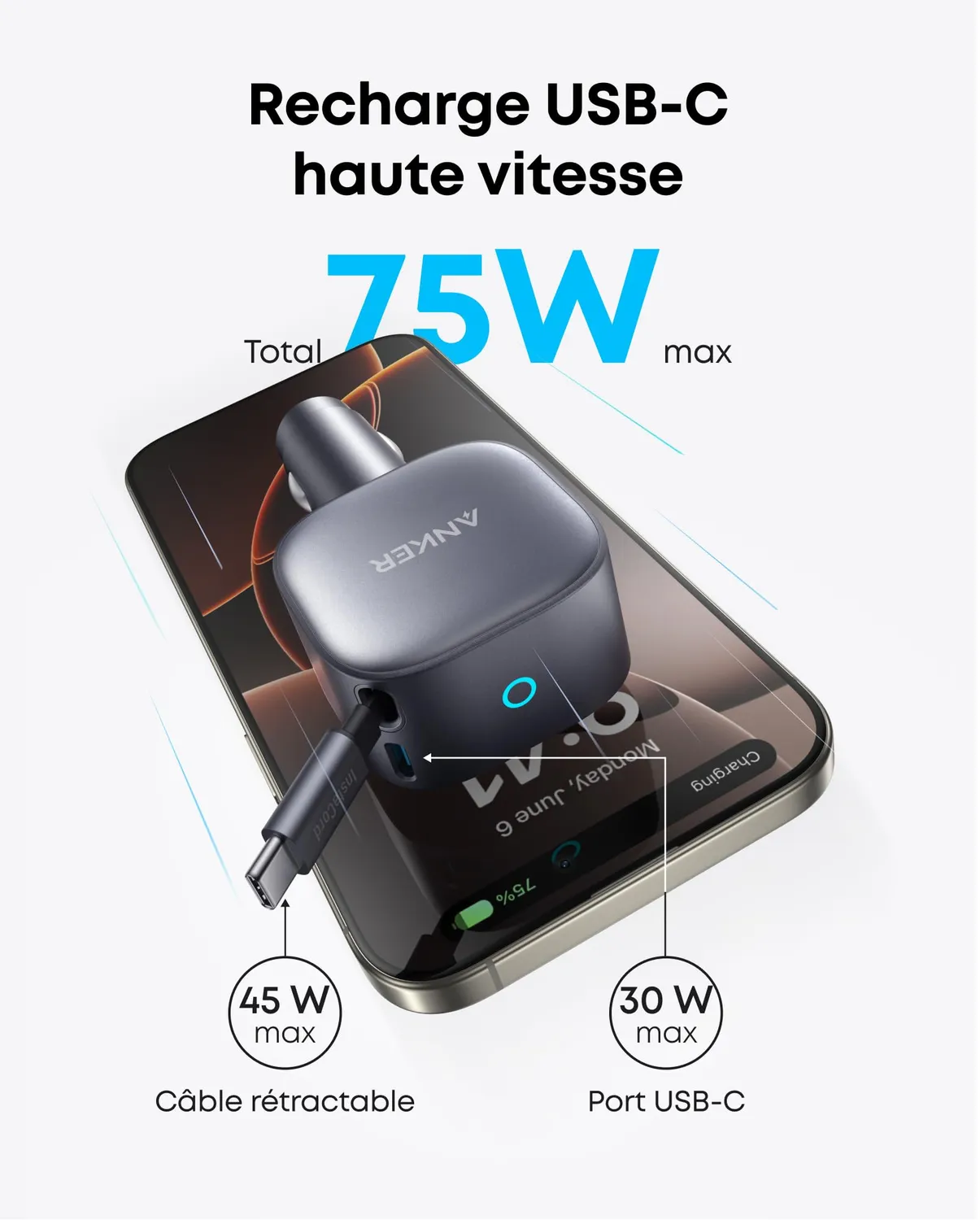 Anker Nano chargeur voiture 75W câble rétractable 75cm