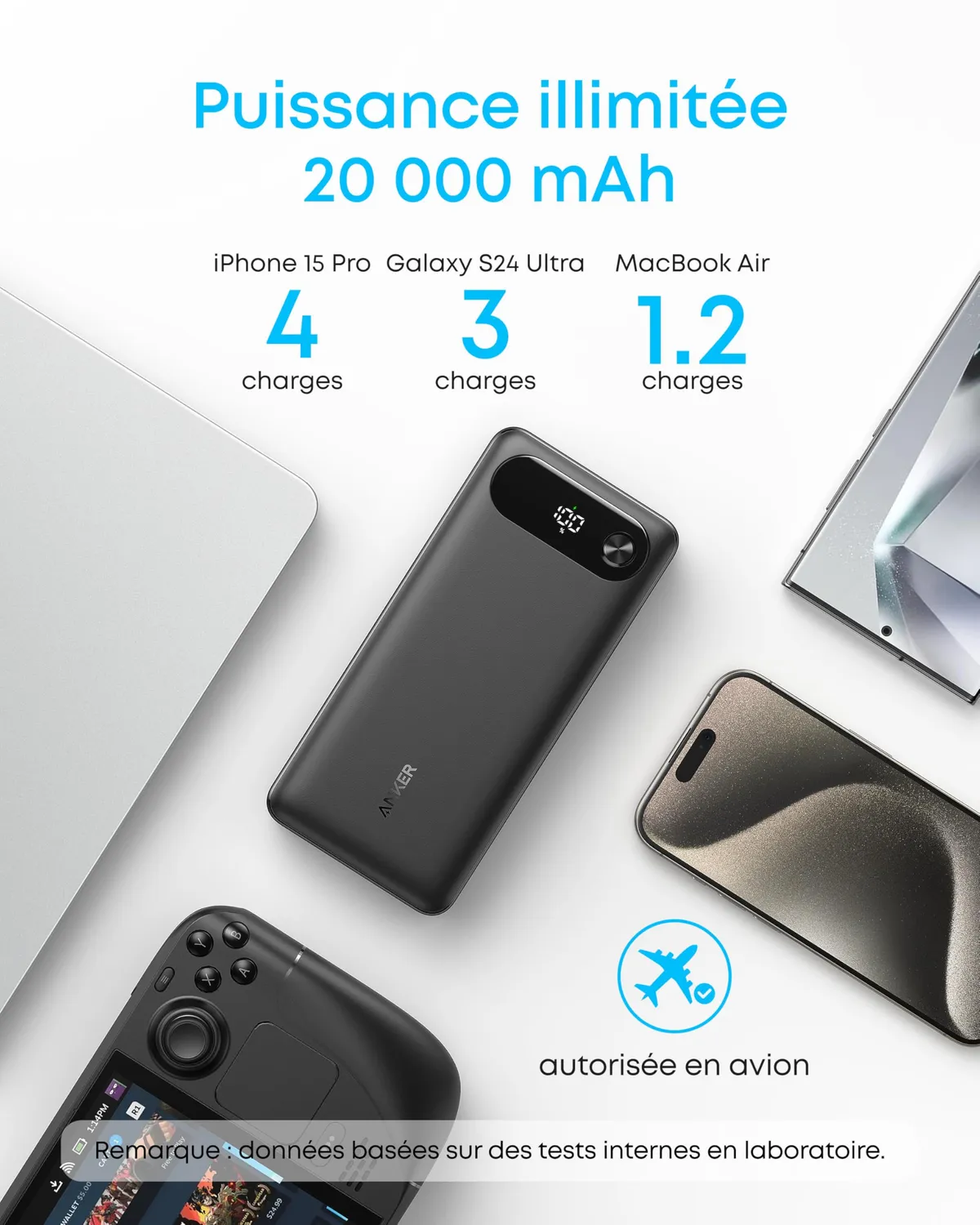 Anker batterie externe 20000 mAh 87W câble intégré