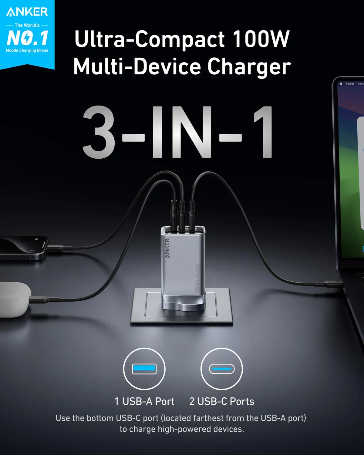 Anker Prime A2688 chargeur USB-C 100W 3 ports GaN
