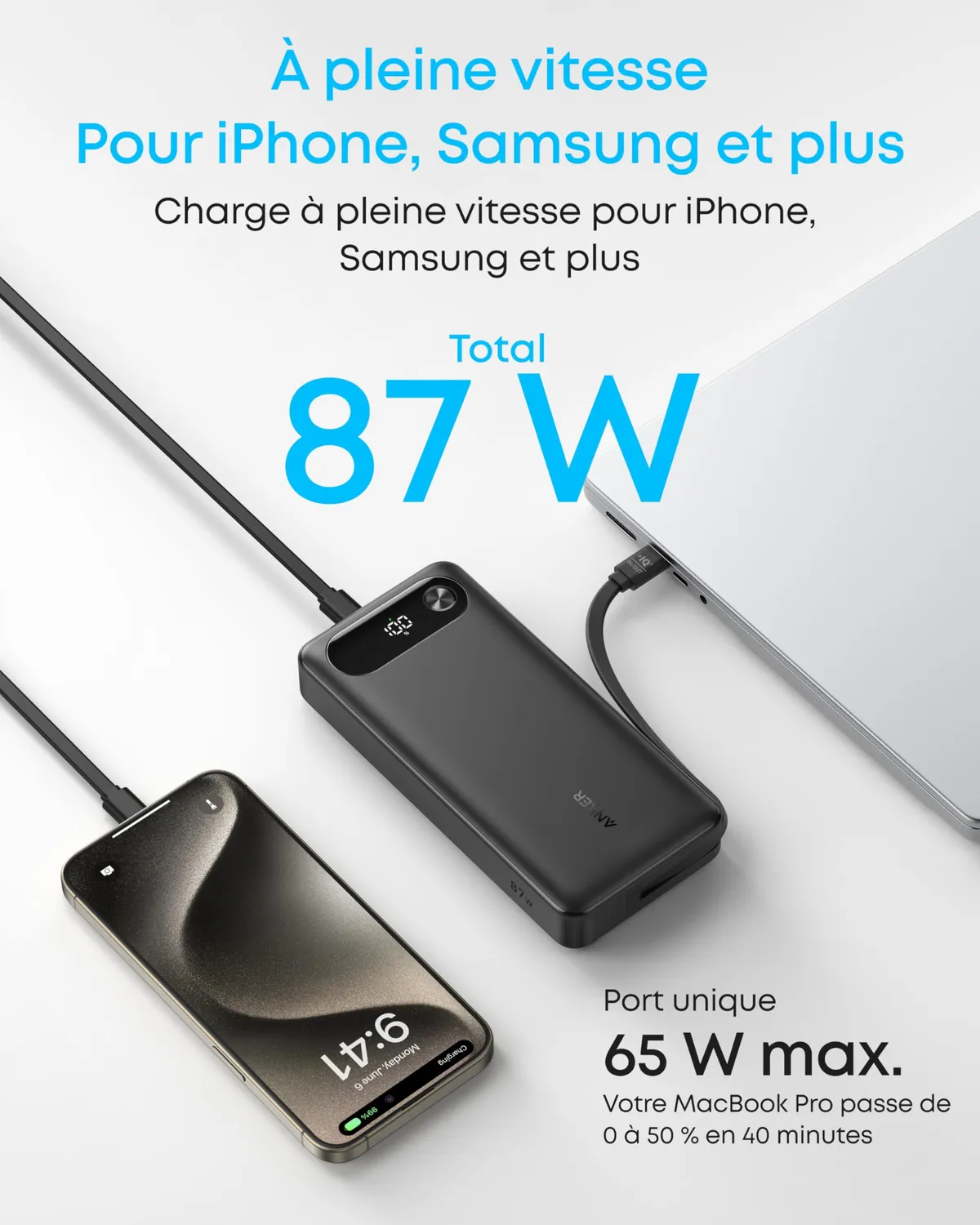 Anker batterie externe 20000 mAh 87W câble intégré