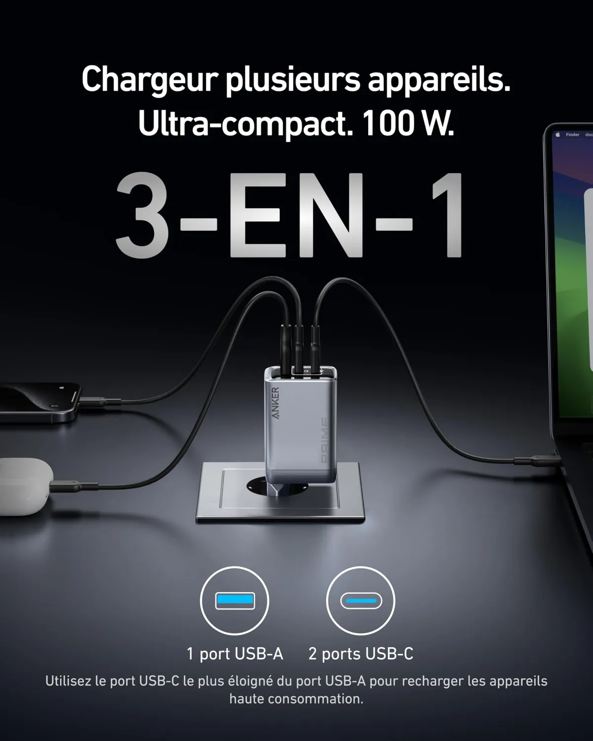 Anker Prime chargeur USB-C 100W GaN 3 ports pliable