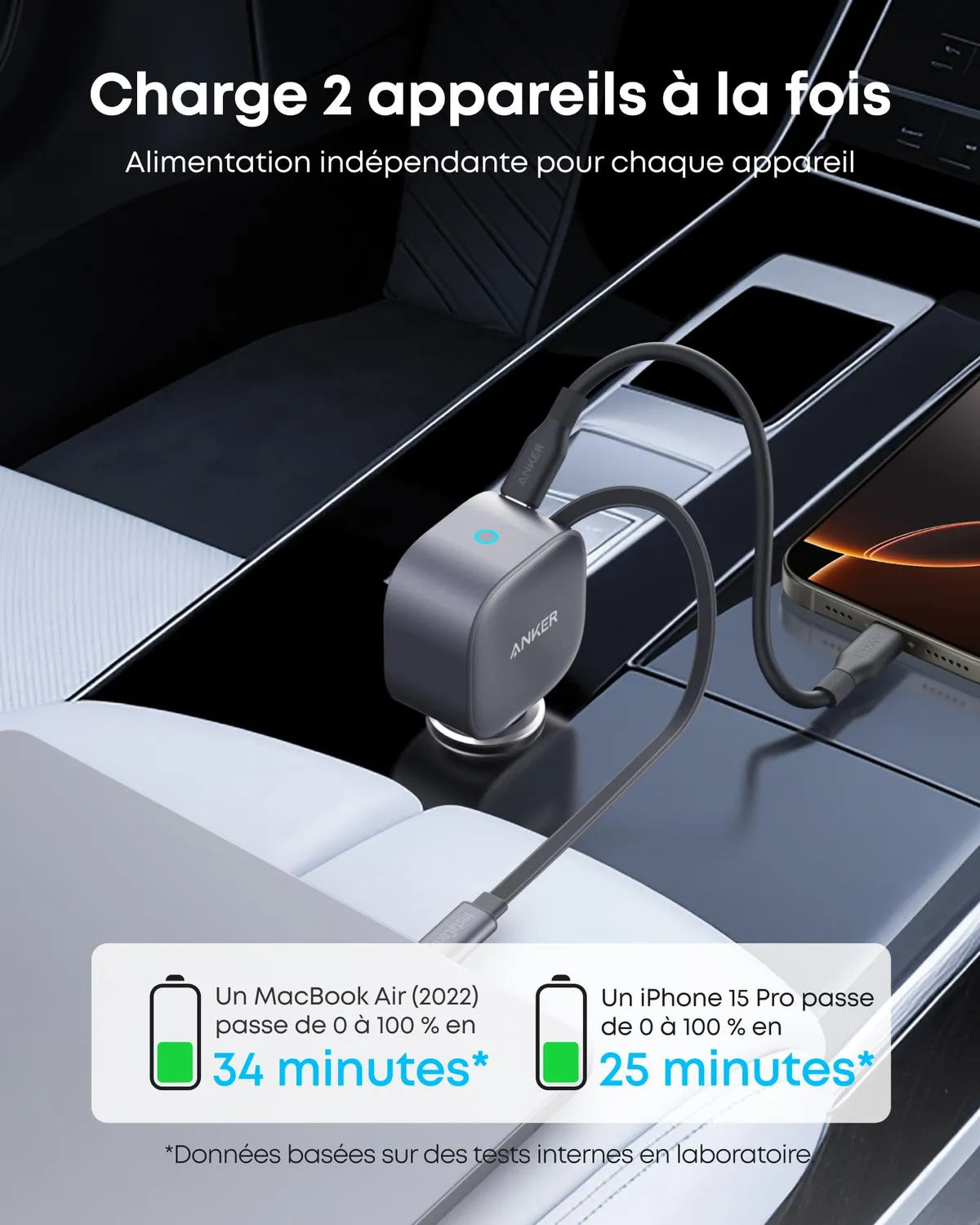 Anker Nano chargeur voiture 75W câble rétractable 75cm